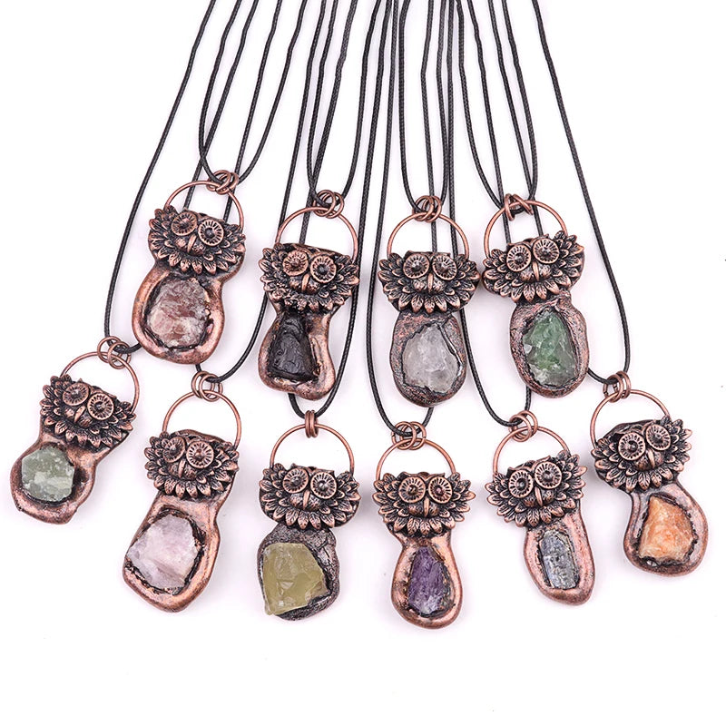 Antique Copper Owl Pendant Natural Raw Rough Crystal Inlay Necklace Adjustable Wax Cord Animal Healing Crystal Jewelry Gift