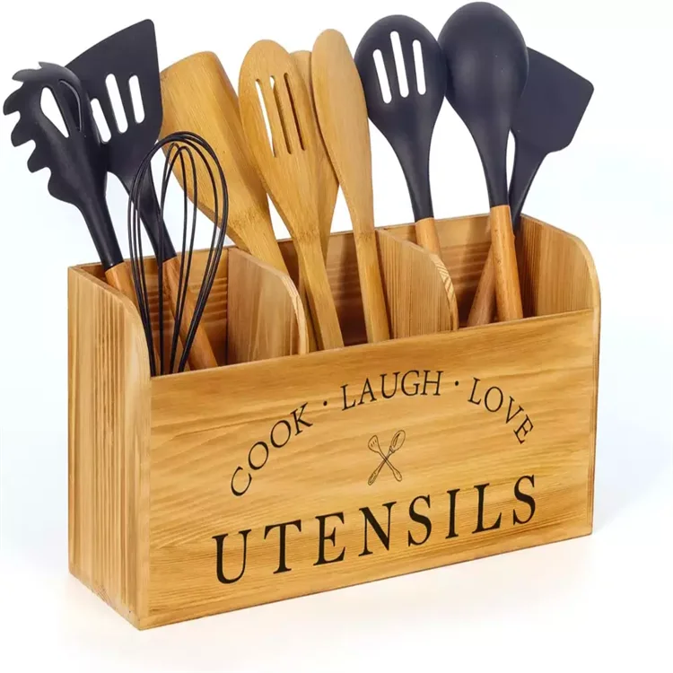 Wooden Farmhouse Rustic Utensil Holder with Polished Finish Design for Countertop Utensil Organizer with 3 Compartments