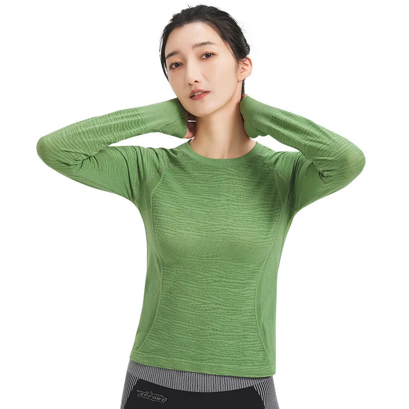 Women's Long-Sleeved Autumn Fitness Tops Drawstring Closure Spandex/Nylon Material Seamless Outdoor Sports Wear for Running Yoga