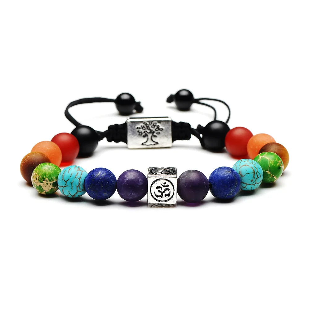 Tree of Life Charms Matte Natural 8MM Seven Chakras Beads Bracelets OM Alloy Yoga Energy Bracelet
