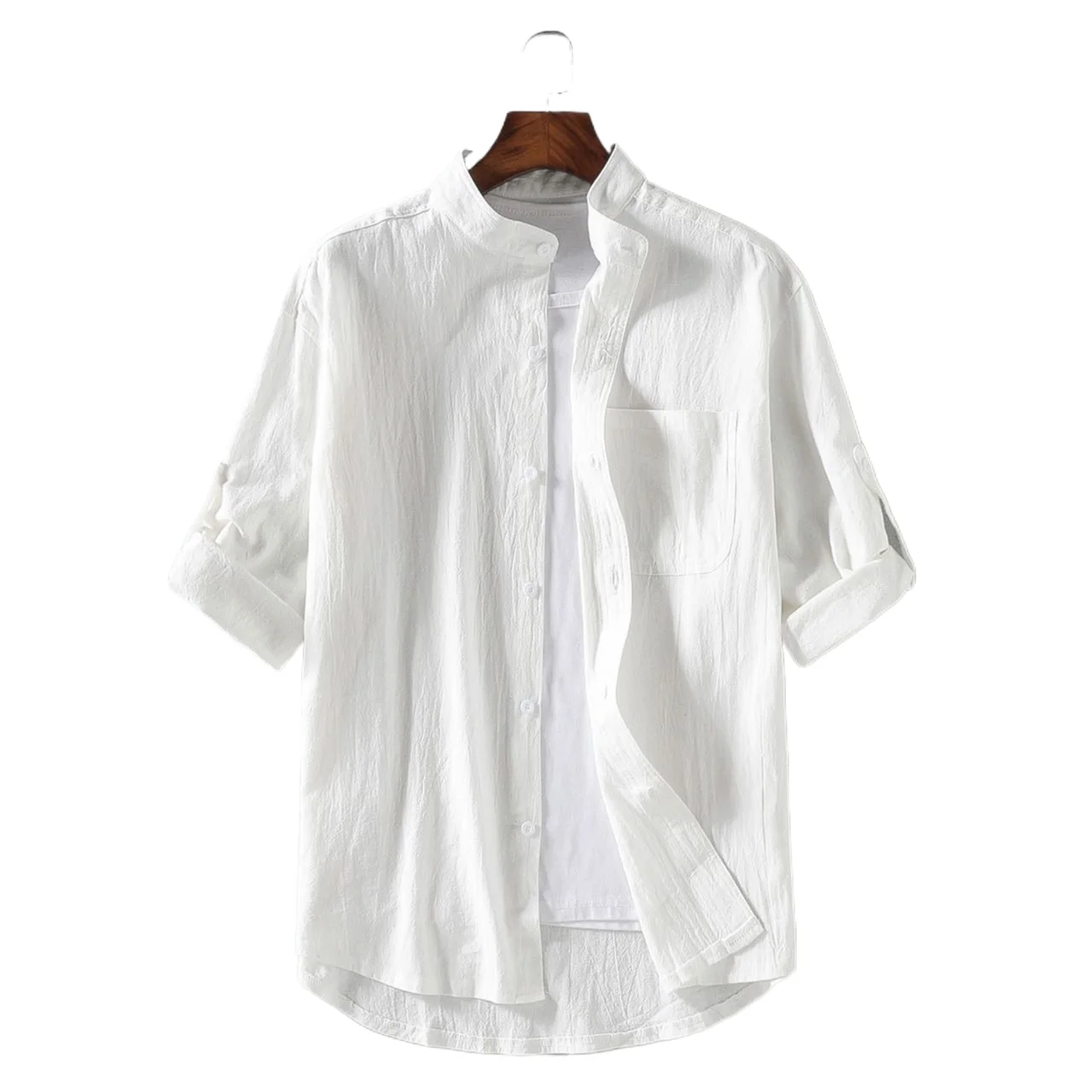 Wholesale High-quality Three Quarter Sleeve Men's Cotton Linen Shirts Anti-wrinkle Breathable Standing Collar Solid Color Casual