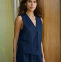 Enyami Linen Cotton Blend Office Lady Blouse Sleeveless Button up Tank Crop Woman Office Suit Jacket Vest With Pocket