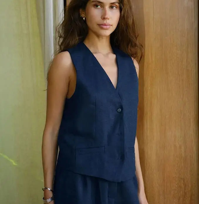 Enyami Linen Cotton Blend Office Lady Blouse Sleeveless Button up Tank Crop Woman Office Suit Jacket Vest With Pocket