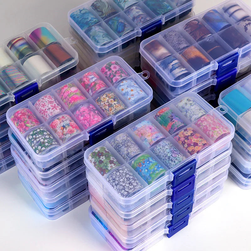 10 Rolls/box Aurora Color Laser Starry Sky Colorful Transfer Foil Sticker Butterfly Floral Patterns Decal Nail Art Decoration