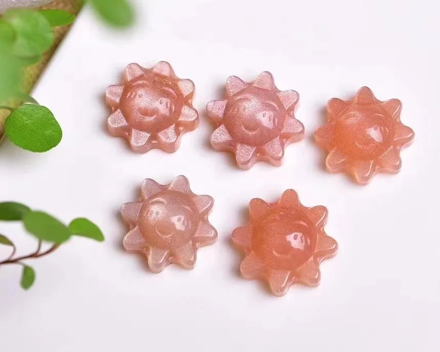 Hand Made Jewelry Accesory  Healing Crystal Gemstone Carvings Peach Moonstone Sunstone Sunflower