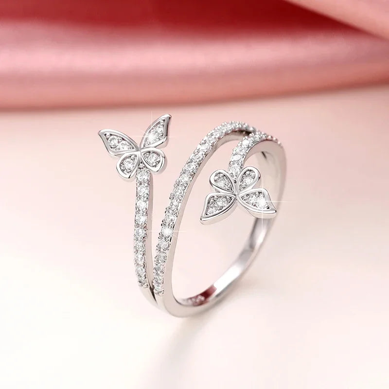 Huitan Ins Shiny CZ Cubic Zirconia Three Lines Jewelry Women Silver Plated Brass Delicate Diamond Cute Double Butterfly Rings