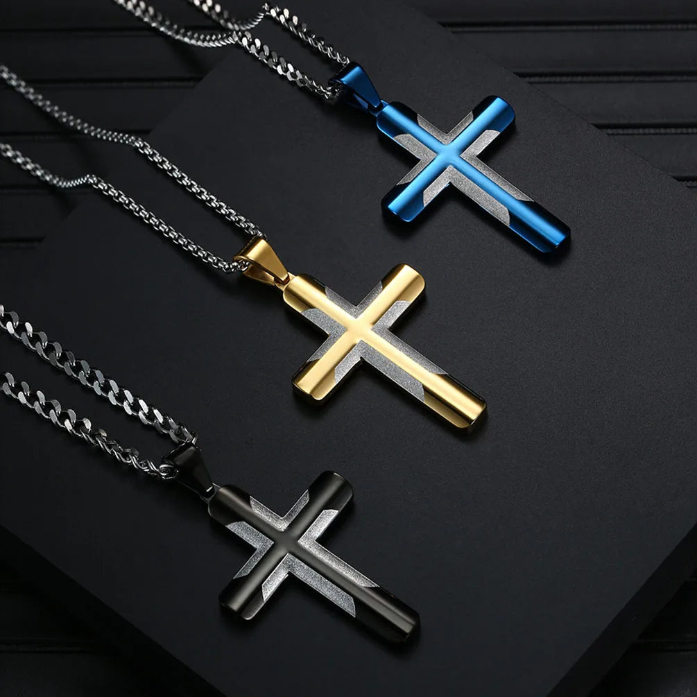 Two Tone Silver Blue 18k Gold Plated Titanium Cross Pendant Necklace Tarnish Free 316L Stainless Steel Cross Necklace for Men