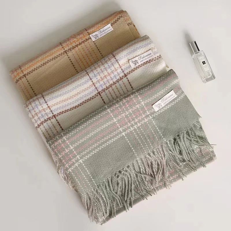 Zifeng OEM Chal Poncho Tejido Gruesos Winter Wholesale Thick Plaid Striped Tassel Scarf Cashmere Shawl
