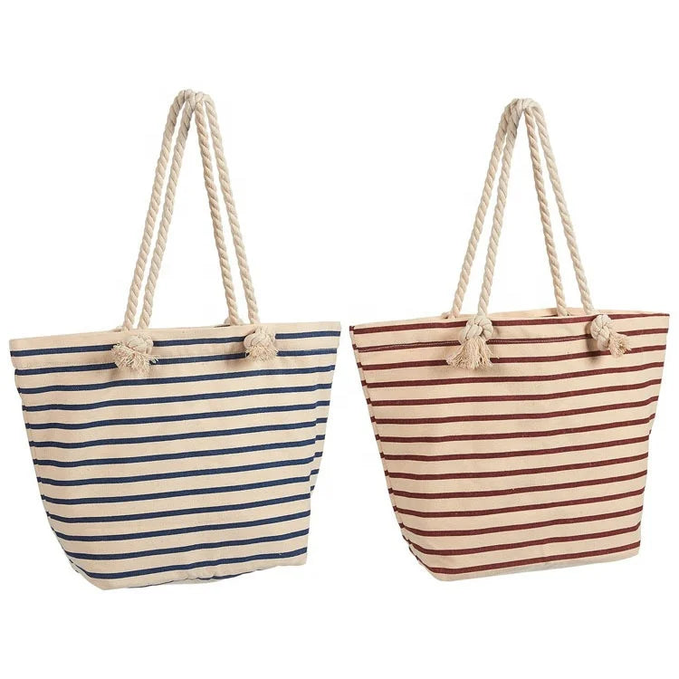 Manufacturer Wholesale Custom Striped Canvas Bag Cotton Rope Handbag Large Capacity Beach Bag OEM