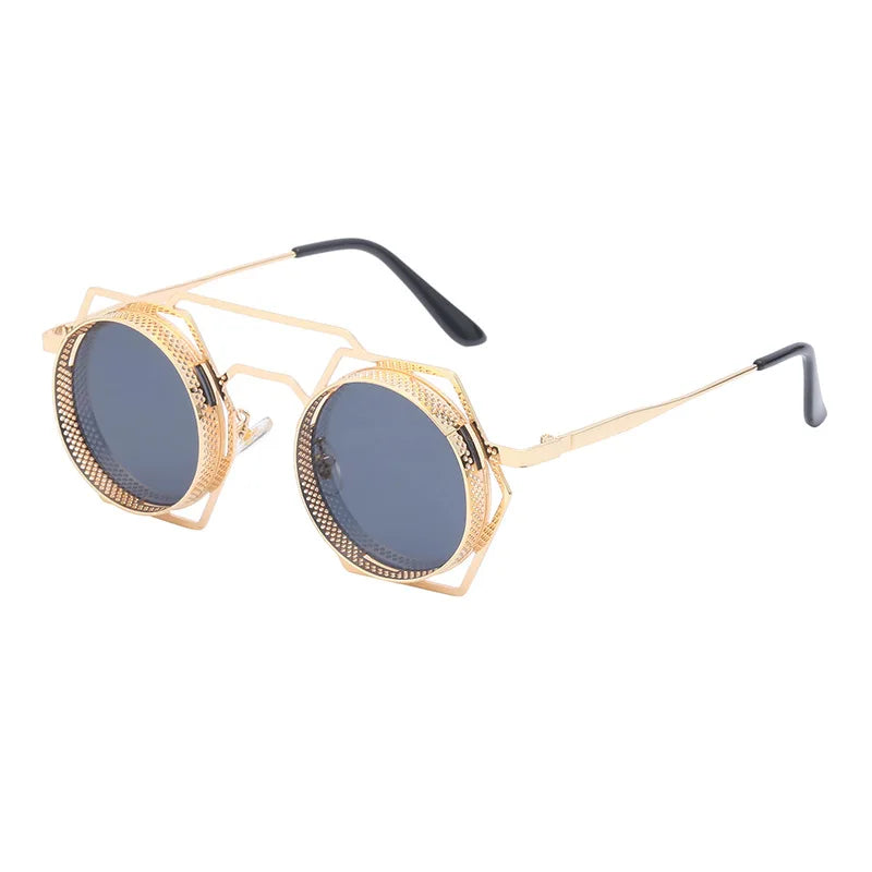 Qmoon 2025 Double Bridge Retro Steampunk Men's Sunglasses Fashion Designer UV400 Round Hollow Metal Frame Sunglasses
