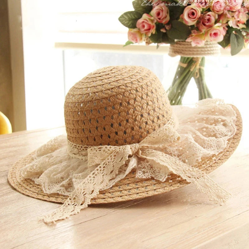 Kids and Adults Lace Sun Straw Beach Hat Floppy Female Wide Brim Summer Hat