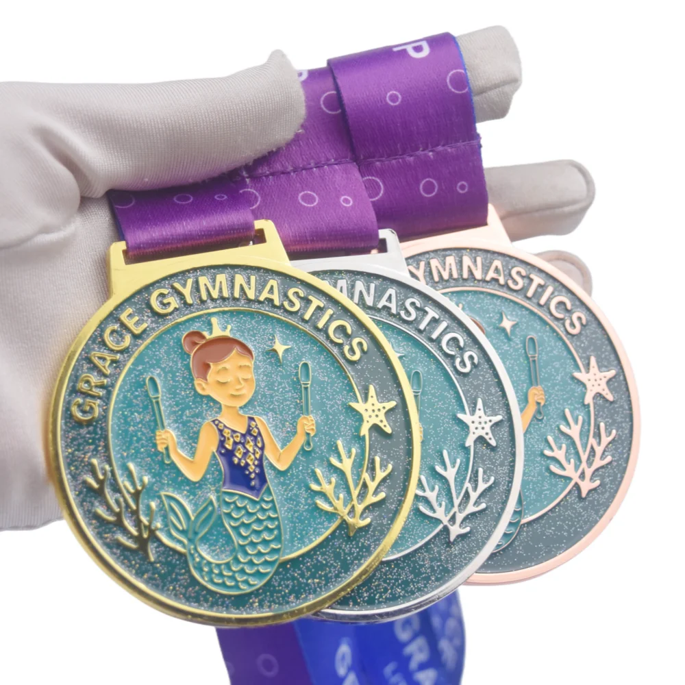 Custom Gold Silver Bronze GRACE GYMNASTICS Medal with Mermaid Starfish Seaweed Designs and Glitter for UAE