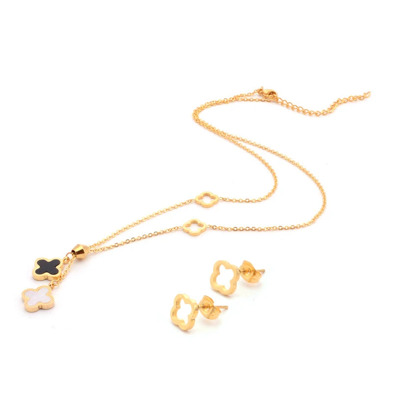 18K Gold Plated Stainless Steel Designer Inspired Four Leaf Clover Necklace Earrings Jewelry Set for Women
