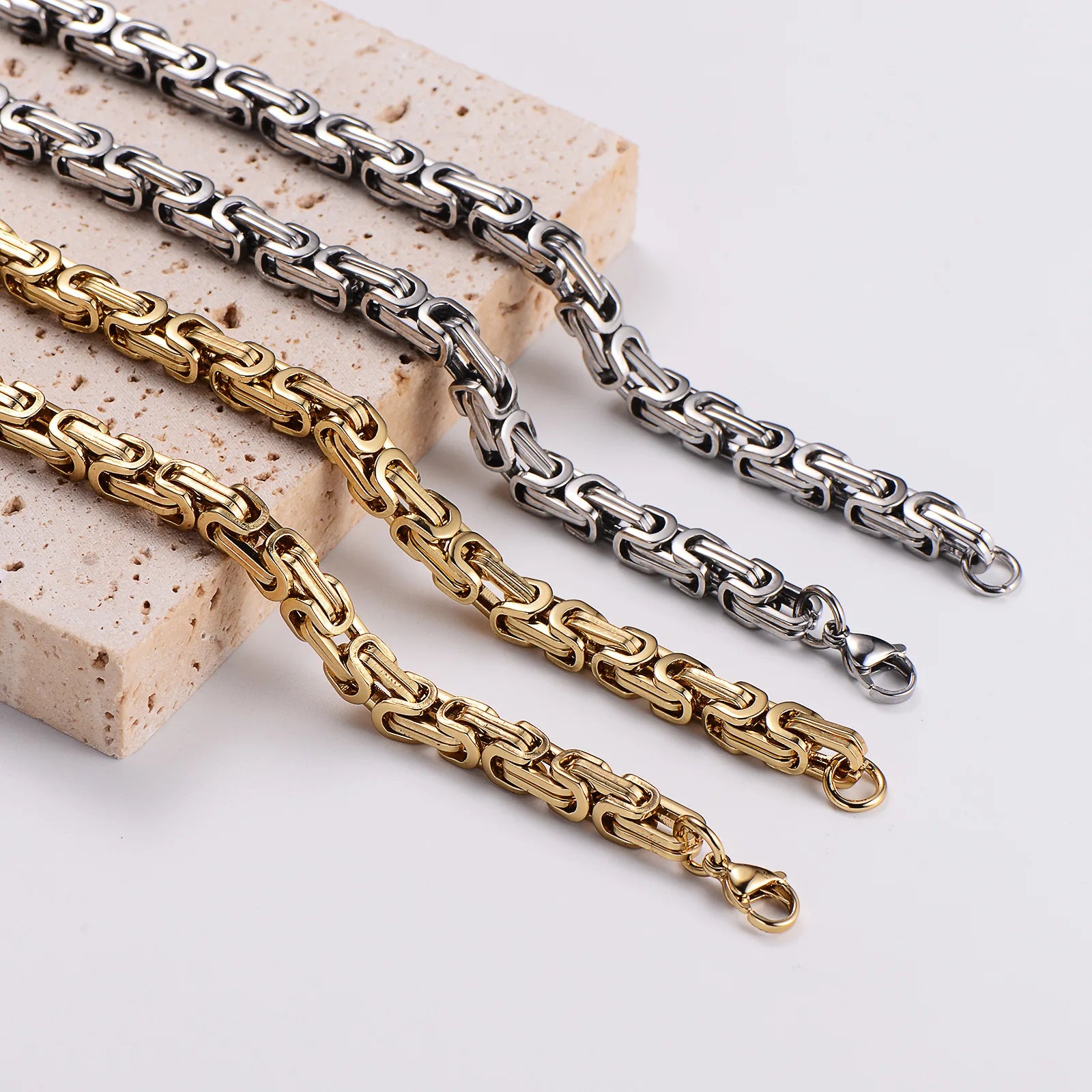 Hip Hop 6mm Gold Plated Stainless Steel Men's Jewelry Necklace Handmade Byzantine Chain Geometric Pattern for Parties