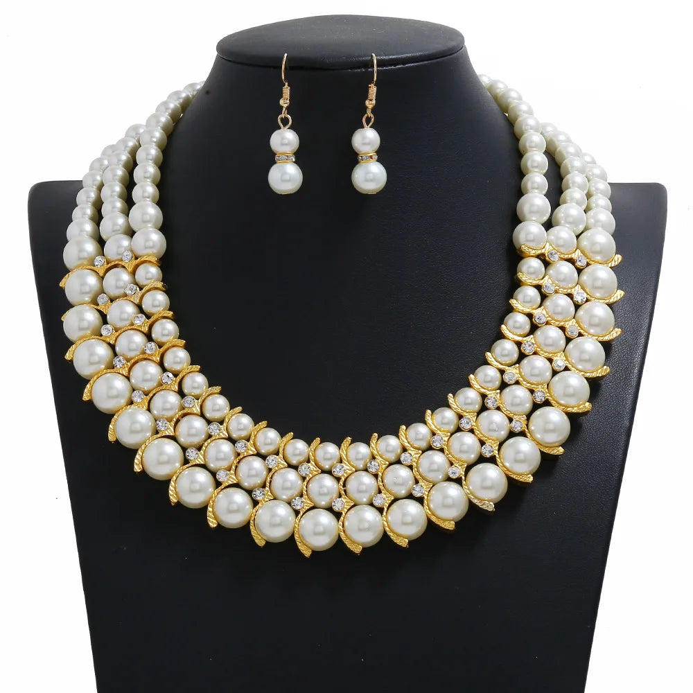 LYX311 New Design Fashion Pearls Jewelry Set Women Multi Layer Pearls Necklace Earrings Set Jewelry