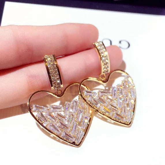 HOVANCI New Designs Geometric Hollow Heart Pendant Earrings Exquisite Inlay Crystal Sparkling Heart Shape Stud Earrings