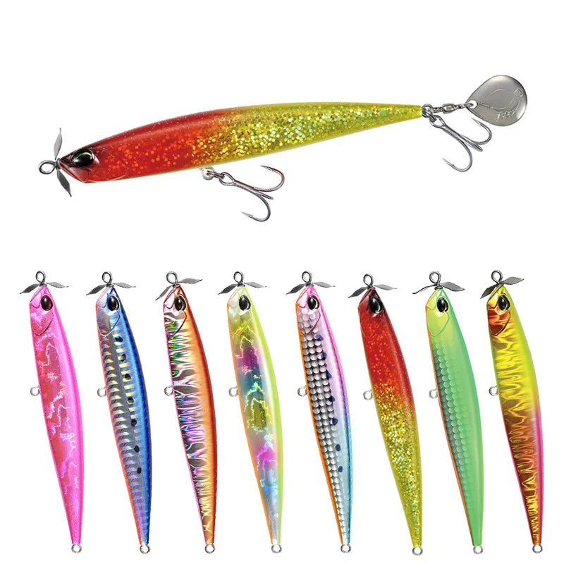 KEWOTE 27g 110mm 8 Colors Artificial Hard Pencil Lure Sinking ABS Fishing Bait With Metal Spinner 3D Eyes Treble Hook