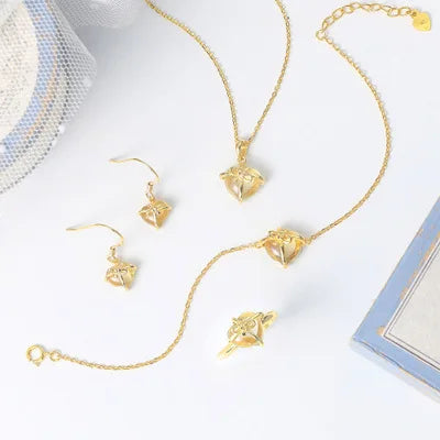 Heart Shape Natural Crystal Jewelry Set Pendant Necklace Dangle Earrings Bracelet Adjustable Ring Women Fashion Jewellery Gift