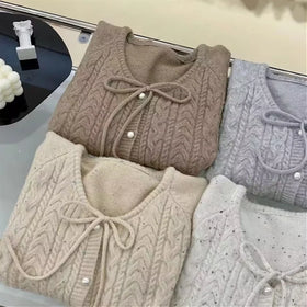 OEM/ODM Custom Retro Disc Button Beads Christmas Jumper Women Neckline Lace-up O Neck Loose Twist Cardigan Sweater Coat