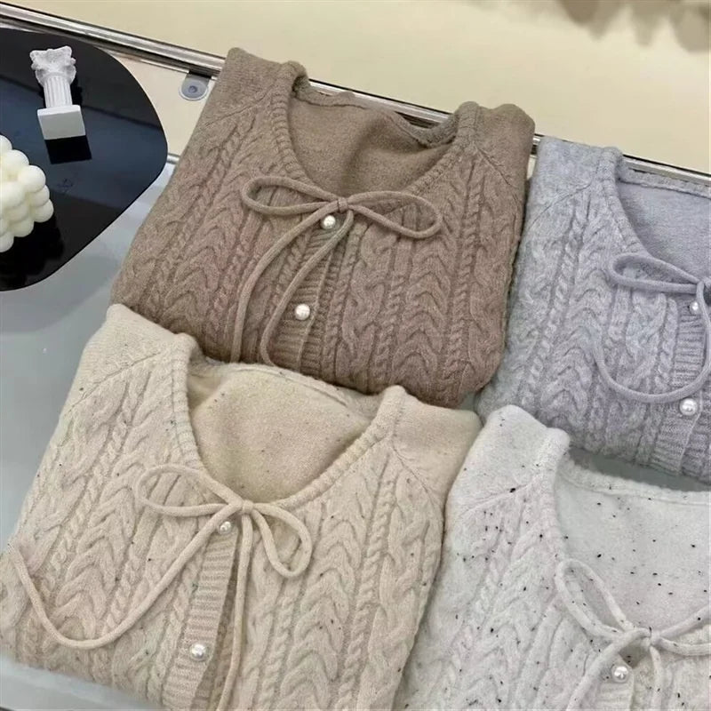 OEM/ODM Custom Retro Disc Button Beads Christmas Jumper Women Neckline Lace-up O Neck Loose Twist Cardigan Sweater Coat