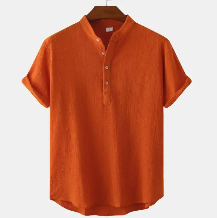 Summer Button up Cotton Linen Solid Color Short Sleeve Shirts Men's Trendy Style Casual Shirts