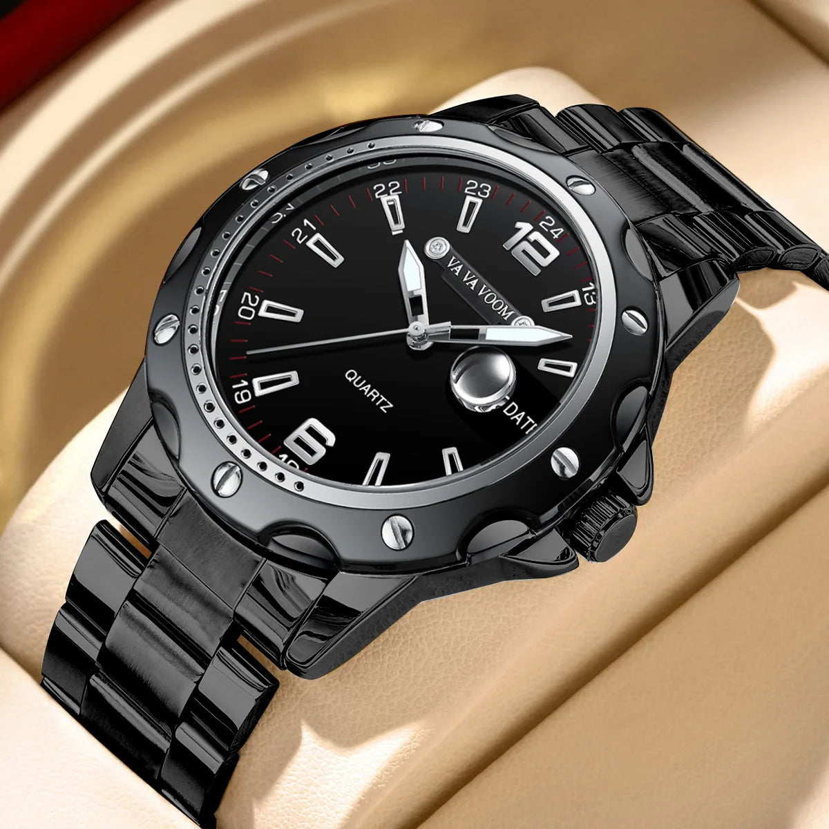 Men's Stainless Steel Watch Fashionable Black Large Dial Diver Series Calendar Business Leisure Water-resistant Quartz Watch