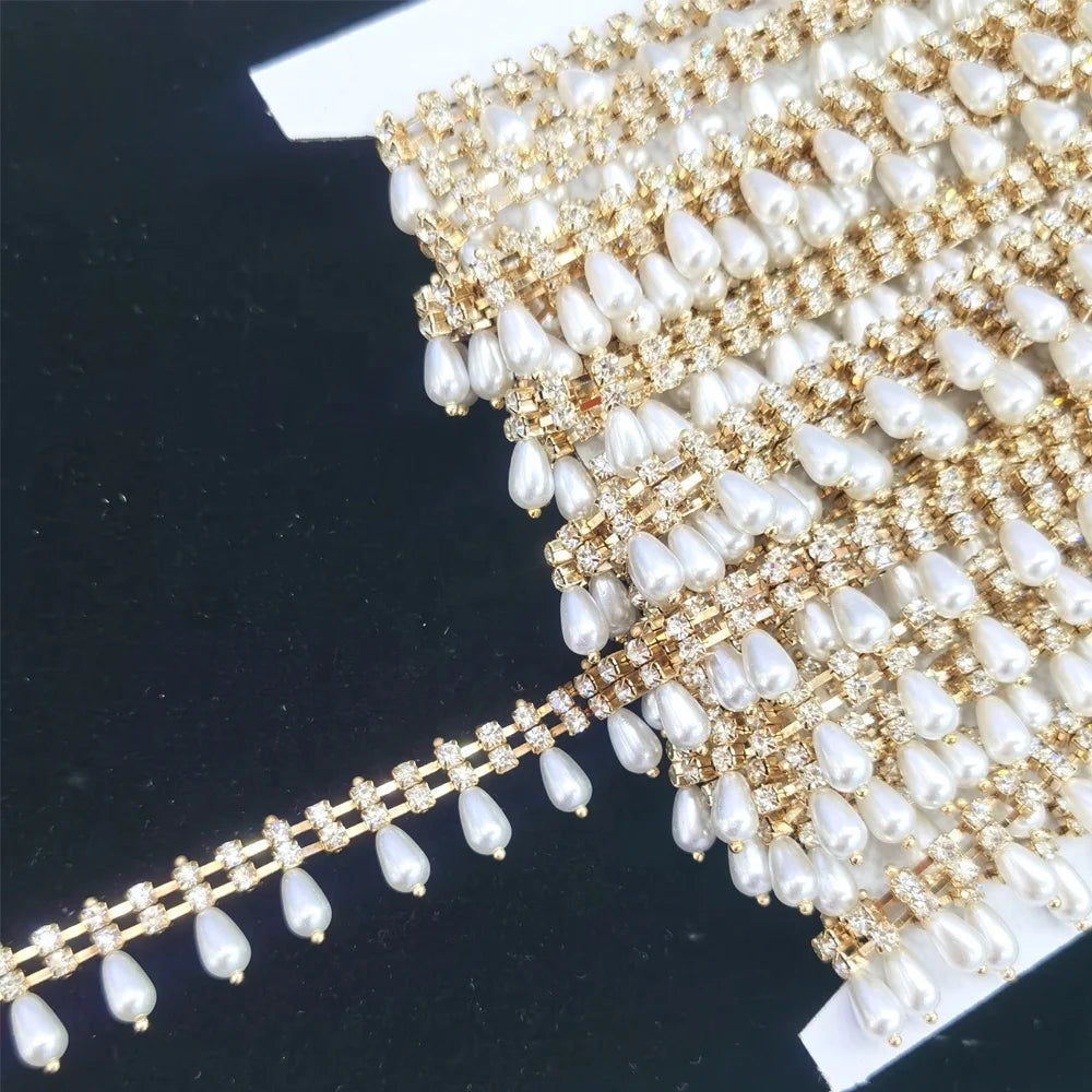 S237 17mm Wholesale Crystals Pearl Chain for Jewellery Making Crystals Rhinestone Gold Chain Pearl Beads Trimming