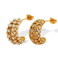 Latest Luxury Retro 18K Gold Plated Stainless Steel Earring Tarnish Free Waterproof Full Pearl Zircon C Shape Hoop Earrings