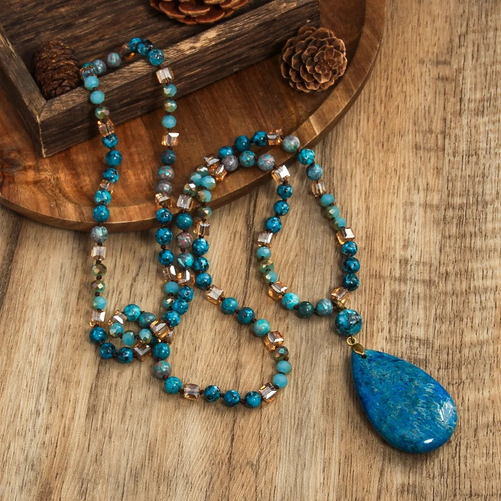 New Vintage Bohemian Style Multi-color Stone Drop Pendant 6mm Natural Stone Glass Knotted Necklace Sweater Chain