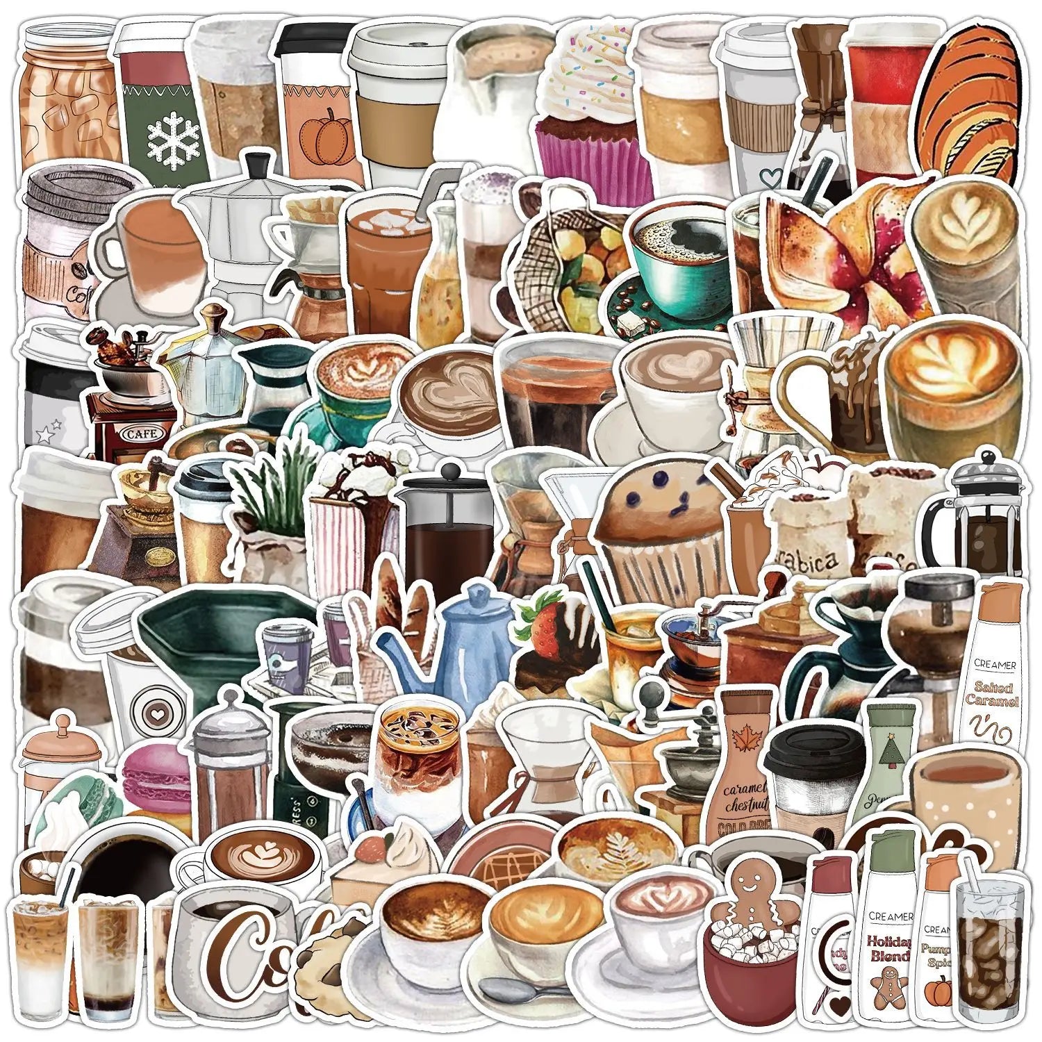 100Pcs Retro Style Cartoon Coffee Drink Graffiti Stickers for Bottle Laptop Waterproof Coffee Cup Pot Sticker