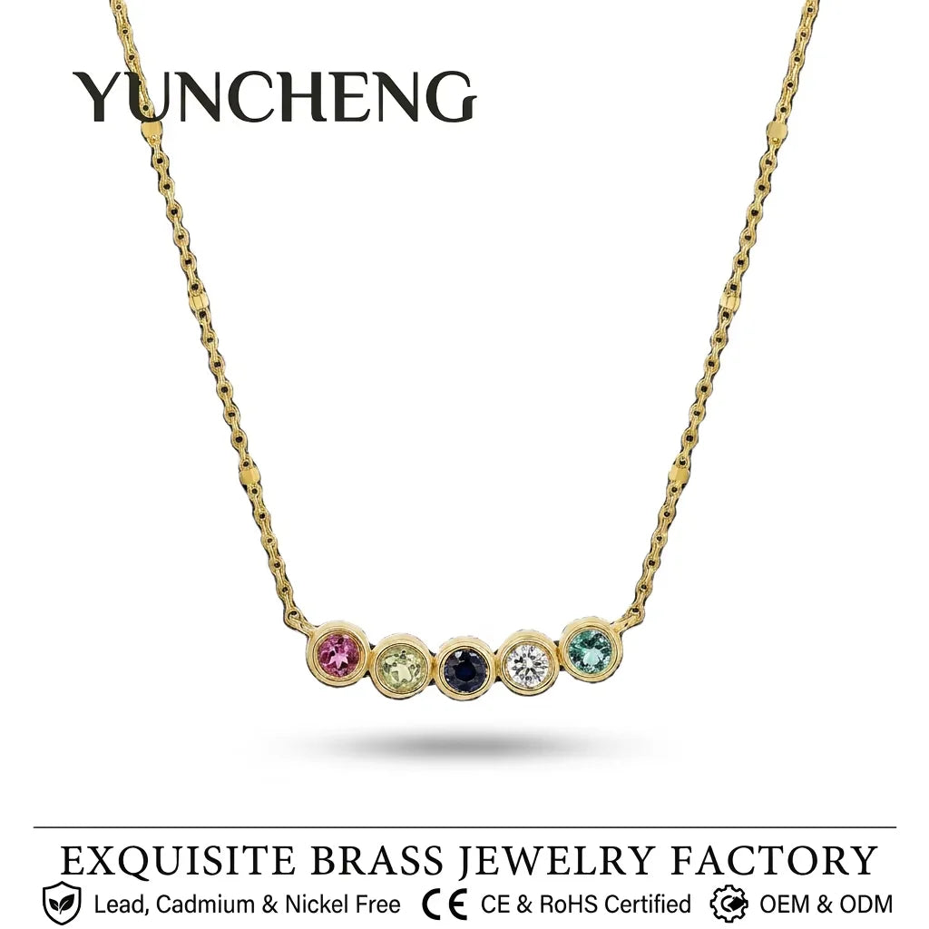 Yuncheng Custom 14K Yellow Gold Colorful 2.8 MM Cubic Zircon Birthstone Necklace Brass High Quality Jewelry