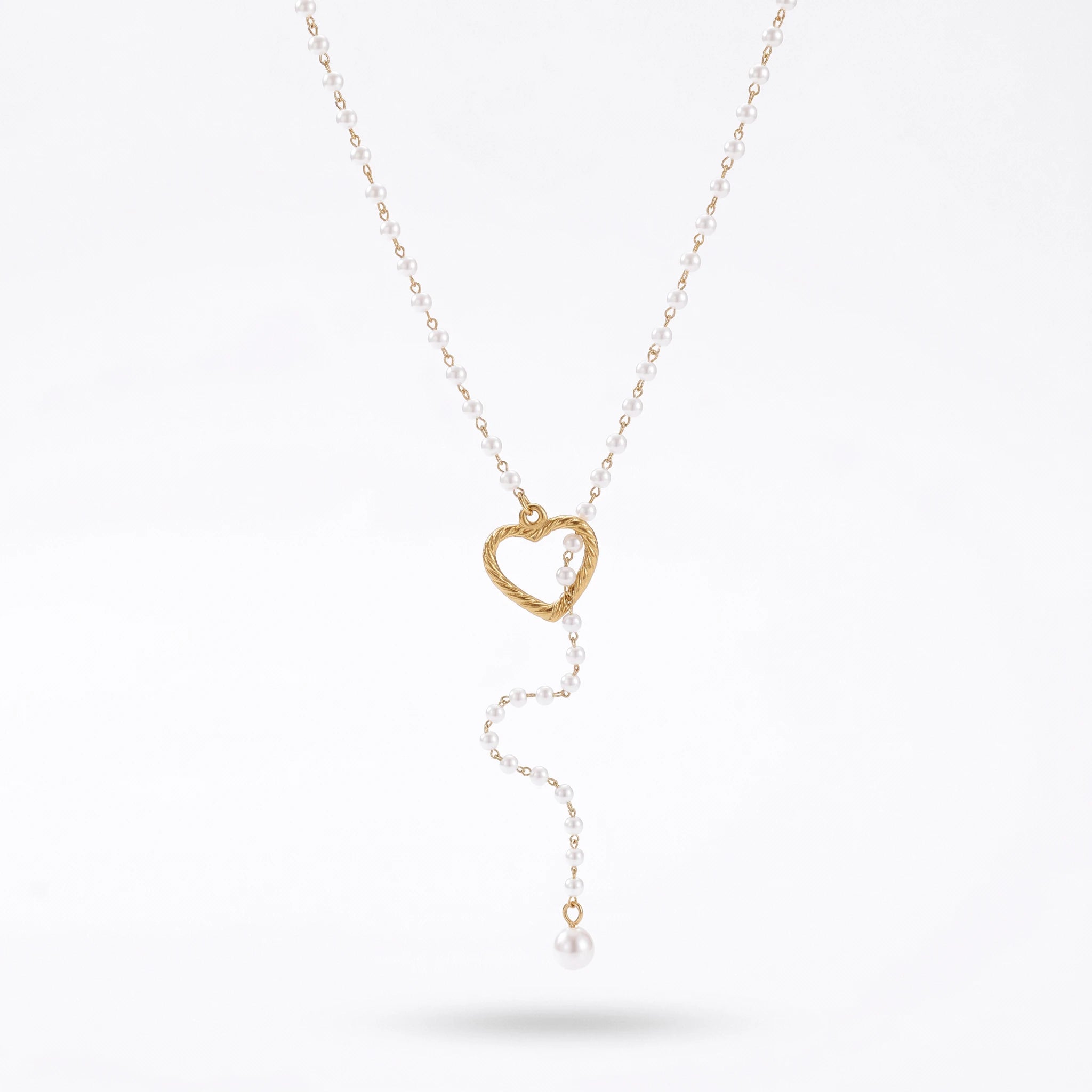 QIAOREN 11808 Elegant Pearl Lariat Y-Necklace 18K Gold Stainless Steel Polished Twisted Heart Statement Wedding Bridal Jewelry