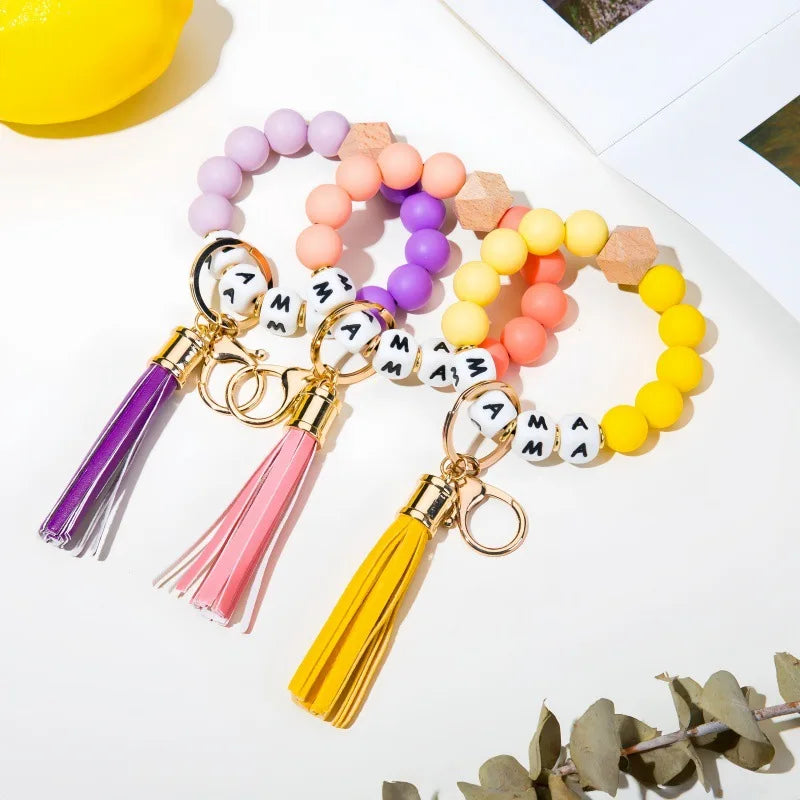 New Style Mother's Day Gifts Keychain Leather Tassel Wooden Beads Mama Silicone Beaded Bracelets for Mom