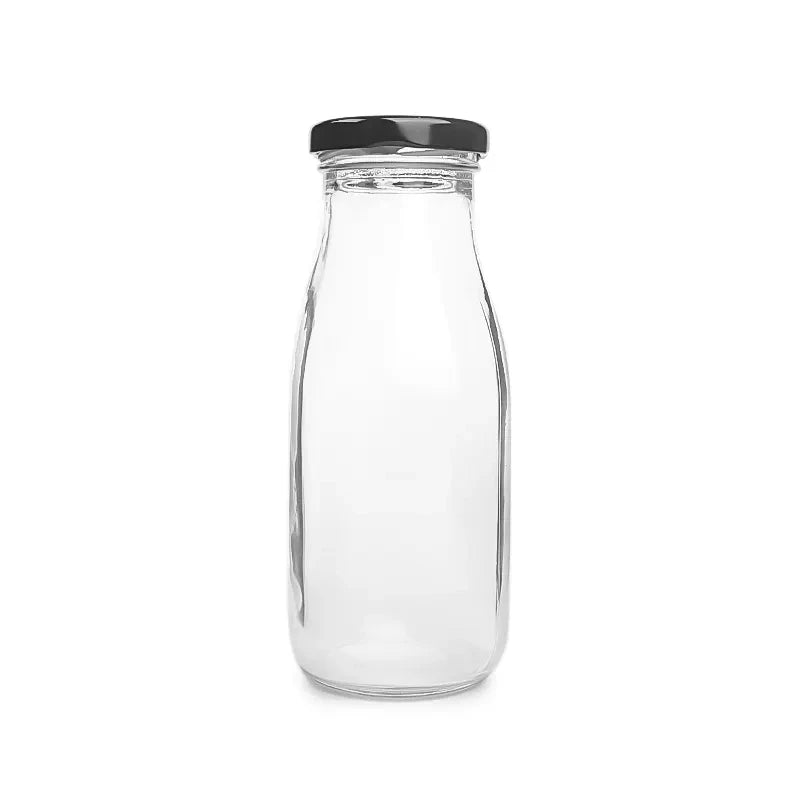 Free Sample Custom Logo Bulk 300ml 10oz Clear Juice Bottles Recycled Water Milk Glass Bottles With Metal Lid