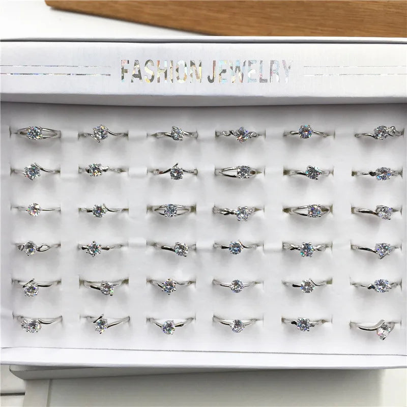 36pcs/box Shiny Cute Random Style Crystal Love Rings for Girls Women Mixed Open Adjustable Silver Rings Jewelry Wholesale