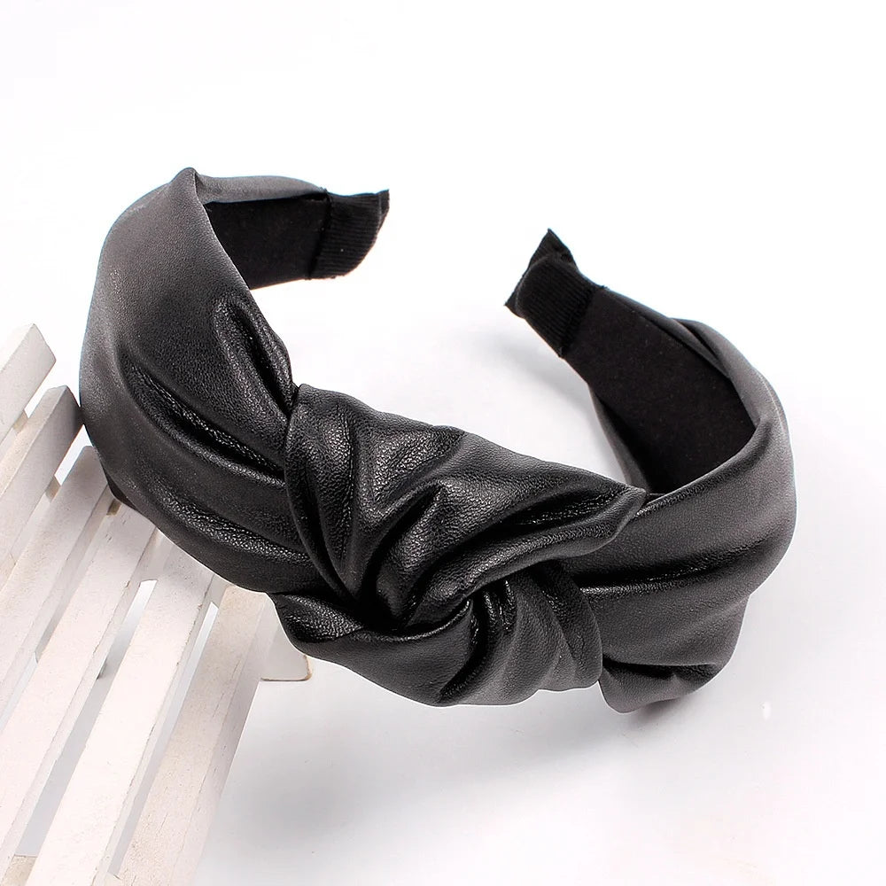 Wholesale Fashion PU Leather Headbands Knotted Spa Headband Non Slip Hair Bands Hair Accessories for Women