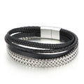 KALEN Men 210mm Stainless Steel Links&Cowhide Leather Casual Strand Bracelet