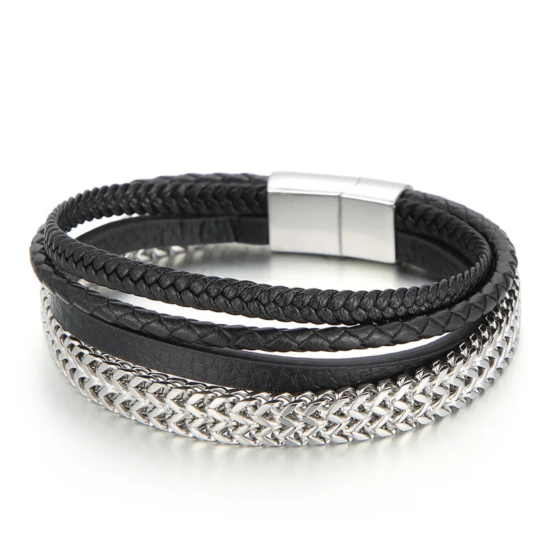 KALEN Men 210mm Stainless Steel Links&Cowhide Leather Casual Strand Bracelet