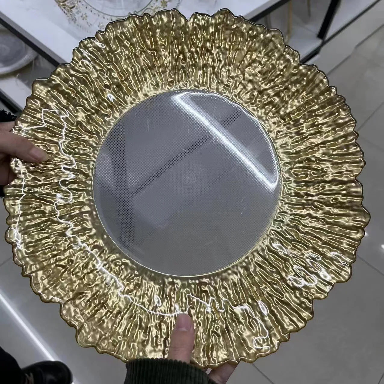 13 Inch Dinner Under Plate Plastic Clear Silver Rose Gold Table Elegant Charger Plates with Flower Edge for Wedding