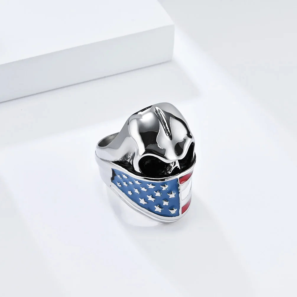 Fashion Jewelry Wear Rings Stainless Steel Stars and Stripes Engrave Skull Cool Rings Wholesale for Men
