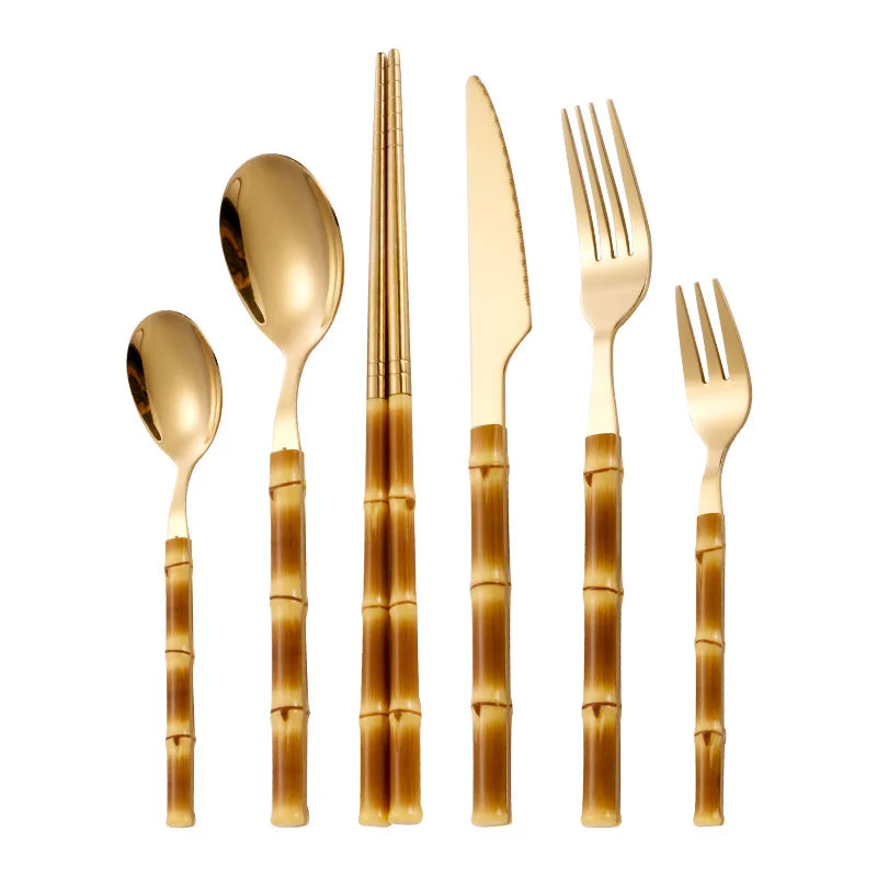 Creative Bamboo Handle Stainless Steel Flatware Knife Fork Spoon Chopsticks Silverware Set Restaurant Cutlery Set