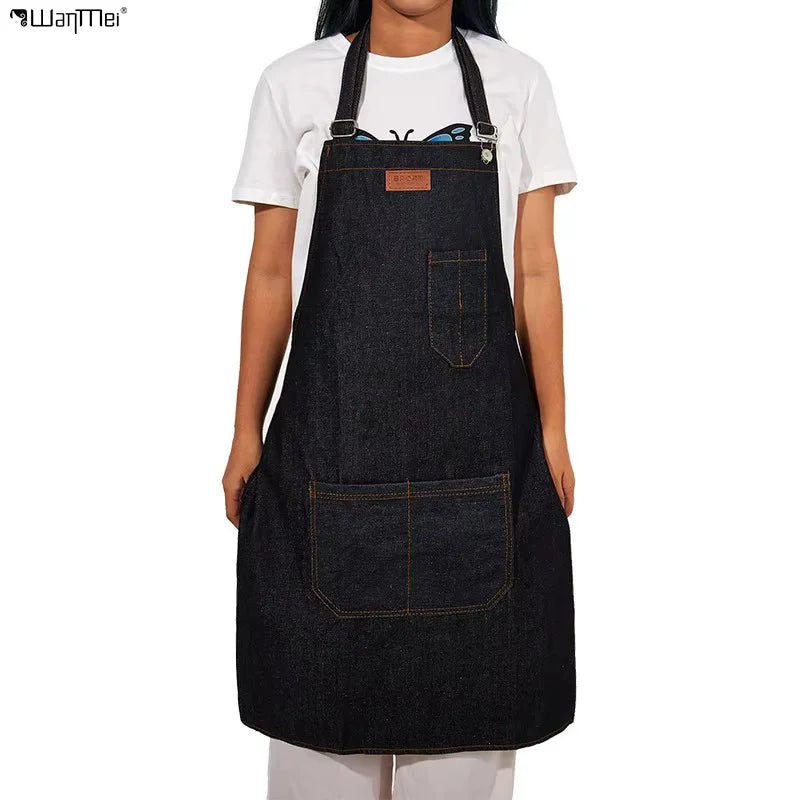 Wanmei Heavy Duty Denim Jean Work Apron Salon Barber Hairdressers Apron with Pockets Adjustable for Men and Women