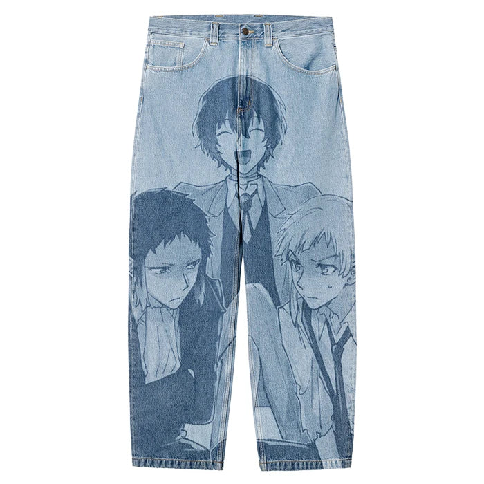 AeeDenim Custom Cartoon Printed Jeans Men's Casual Fashion Graffiti Loose Anime Jeans