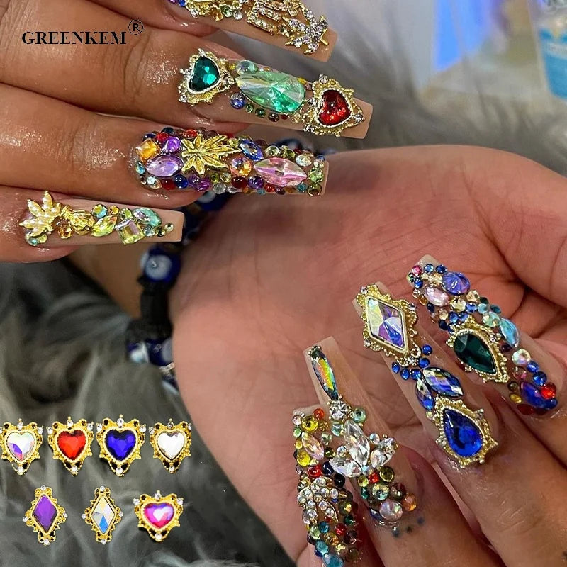 GREENKEM 10pcs Heart Rhombus Rhinestone Beauty Glitter Nails Charms Jewelry Accessories Metal for 3d Chrome Heart Nail Charms