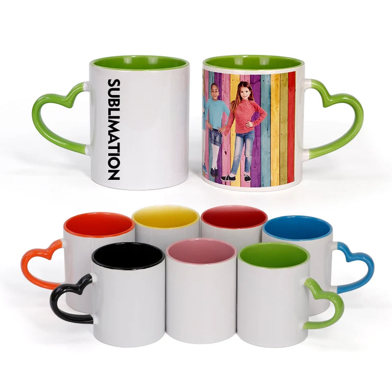 Heart Handle Inner Color Sublimation Blank Mugs 11oz Custom Photo Print Ceramic Coffee Cups DIY Sublimation Mug Blanks