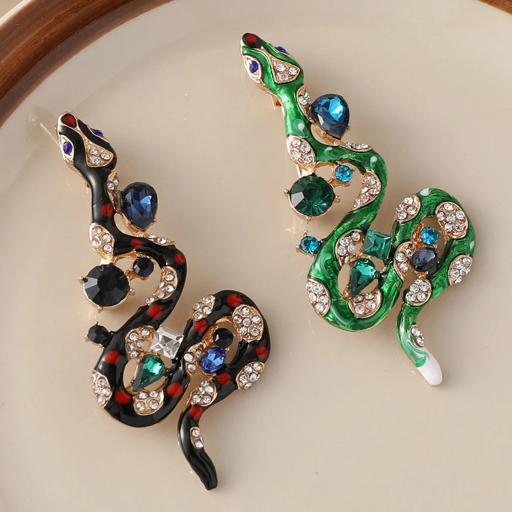 Vintage Black Green Enamel Snake Brooch Jewelry Bling Rhinestone Snake Shape Brooch Pin for Women