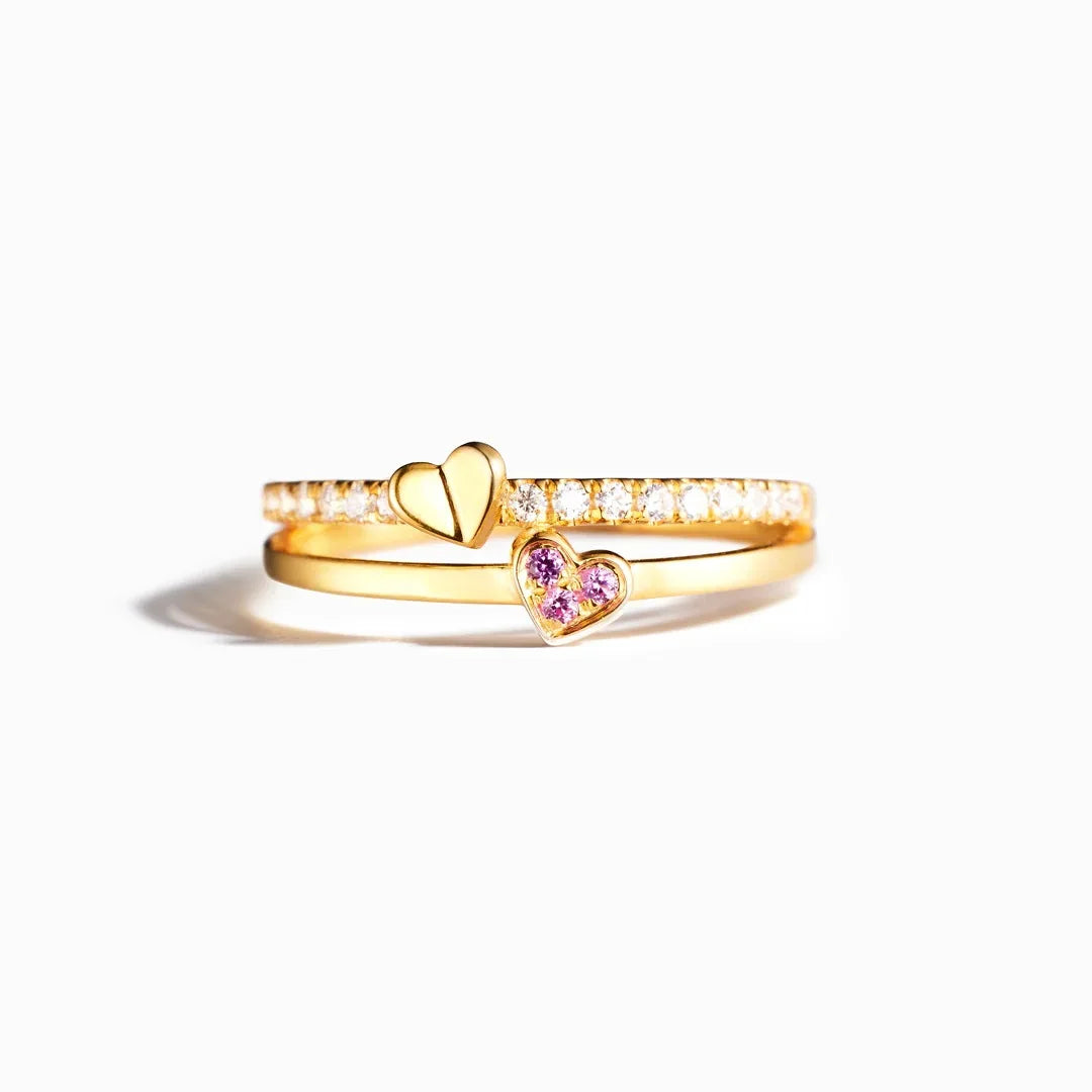 FUAMAY Dainty 18K Gold Plated 925 Sterling Silver Heart Ring Anillo Women Pink Zircon Cross Double Heart Ring