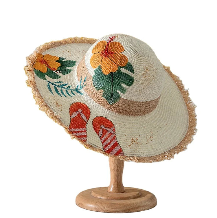 New Summer Ladies Hand-painted Graffiti Straw Hat Sunscreen Shade Dome Straw Hat Fashion Printing Beach Straw Hat