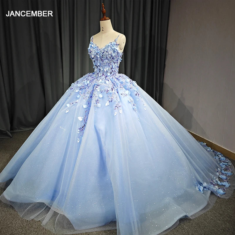 Vintage Sweet Ball Gown Light Blue Quinceanera Dresses Lace 3D Floral Beaded Arabic Halter Dress 6582