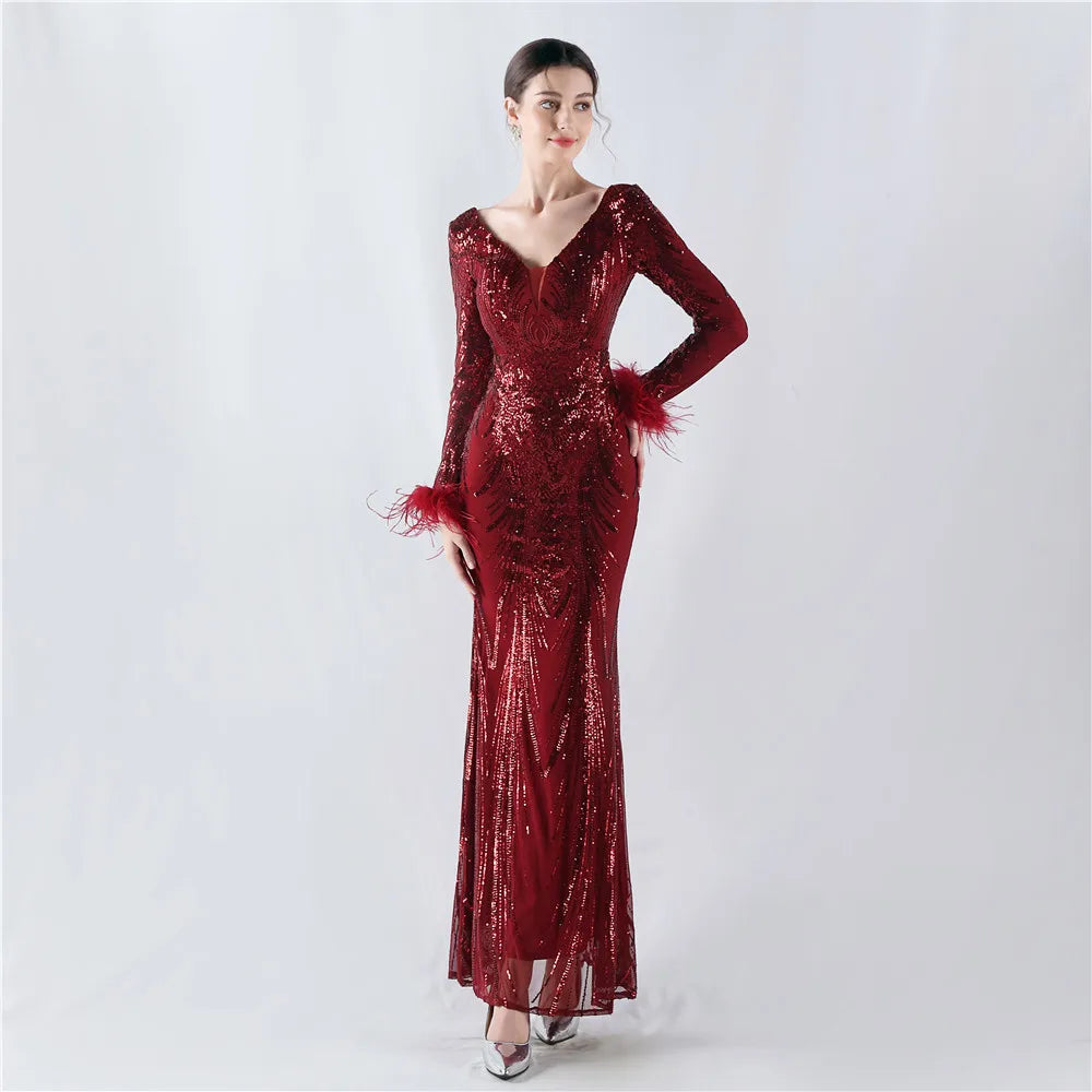 33060# Whole Positioning Floral Ordering Ostrich Fur High-end Evening Winter Annual Meeting Presided Red Dress